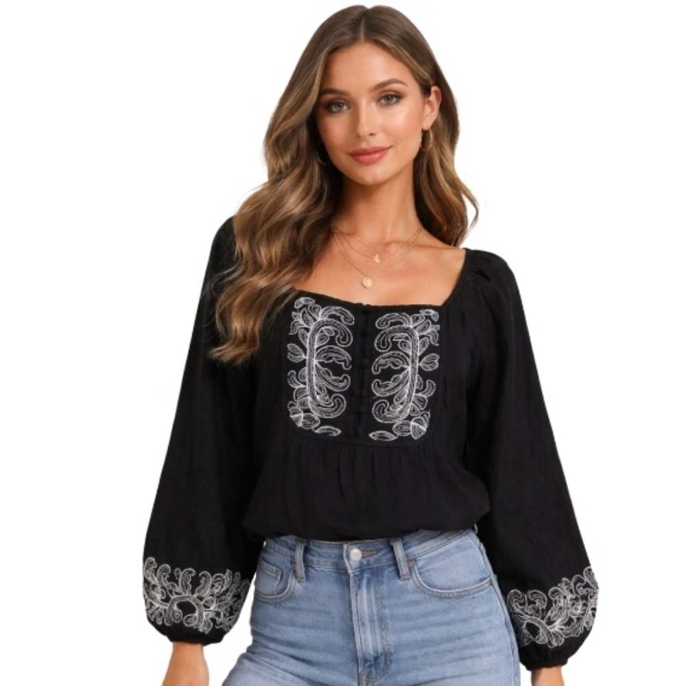 Calligraphie NWT Women's‎ Small Bohemian Black Embroidered Flare Blouse